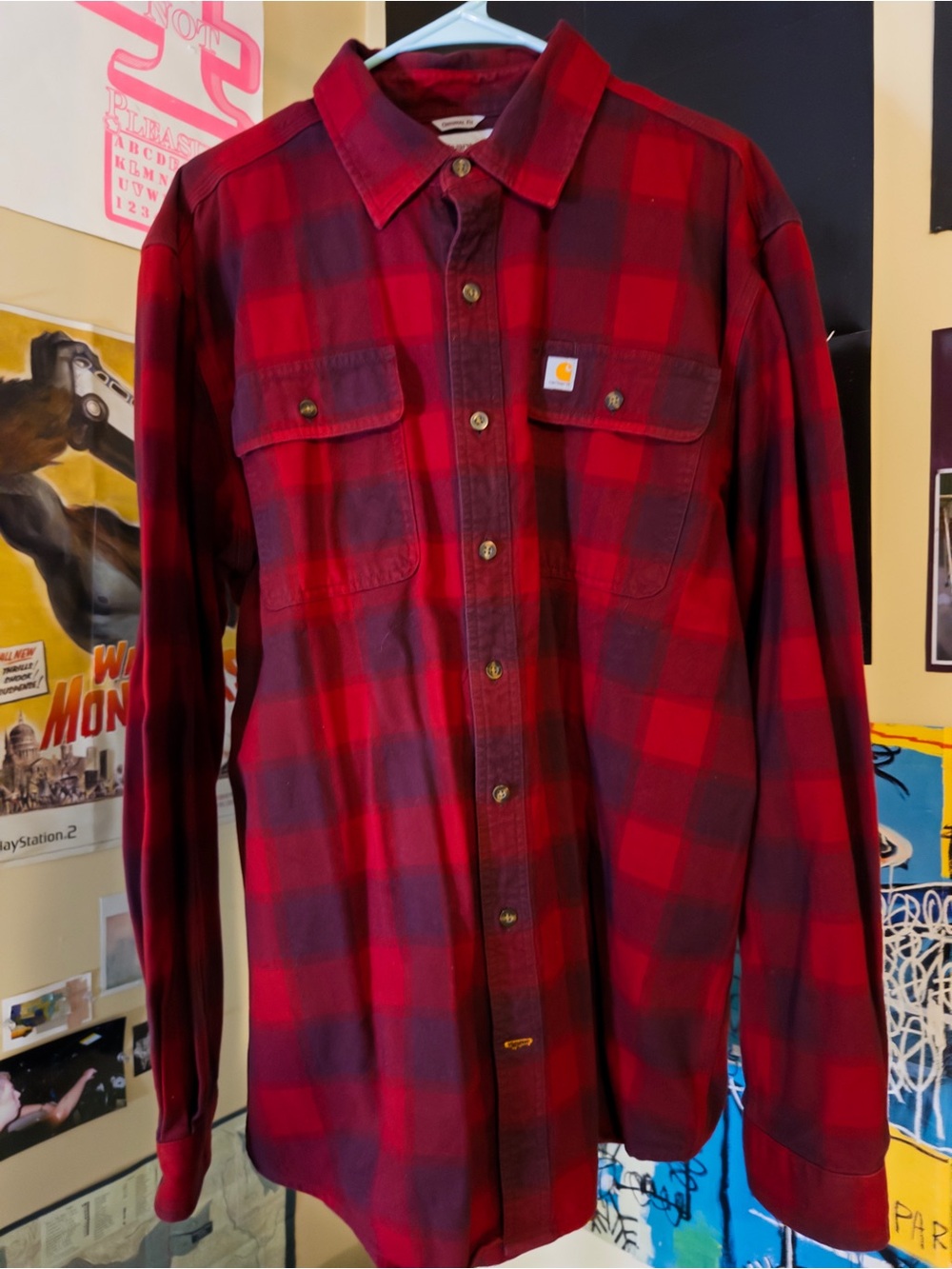 Carhartt Men’s Red and Black Plaid Button-Down Shirt